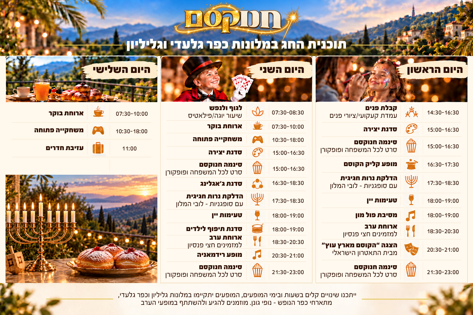תוכנית החג במלונות - היום הראשון, היום השני והיום השלישי